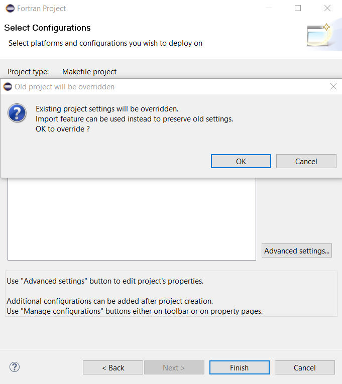 New project settings override warning