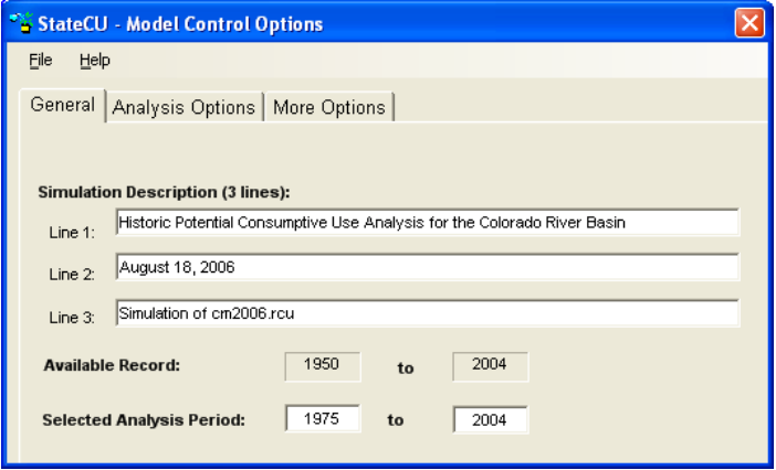 Model Control Options - General Tab