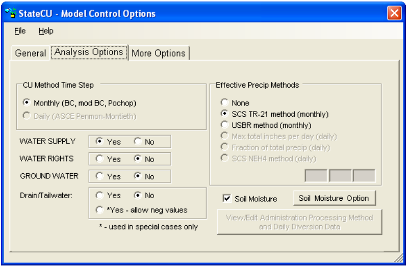 Model Control Options - Analysis Options Tab
