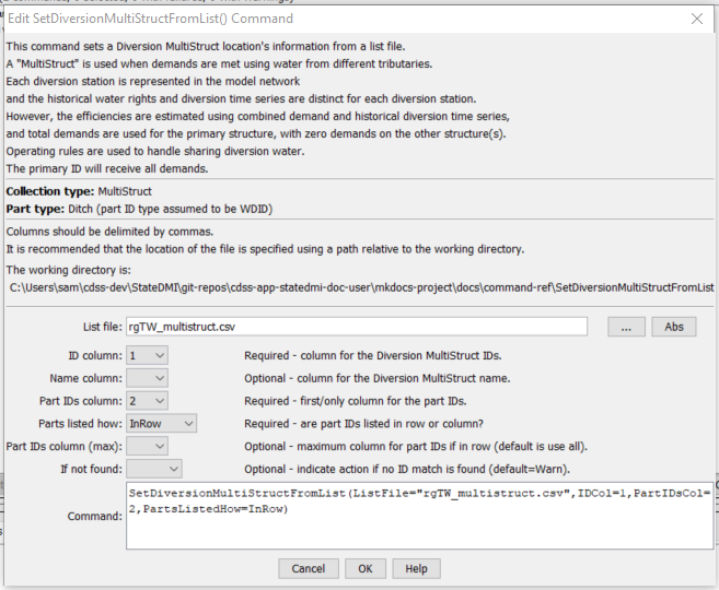 SetDiversionMultiStructFromList - CDSS / StateDMI