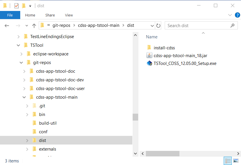 Windows Explorer window showing file path git-repos/cdss-app-tstool-main/dist