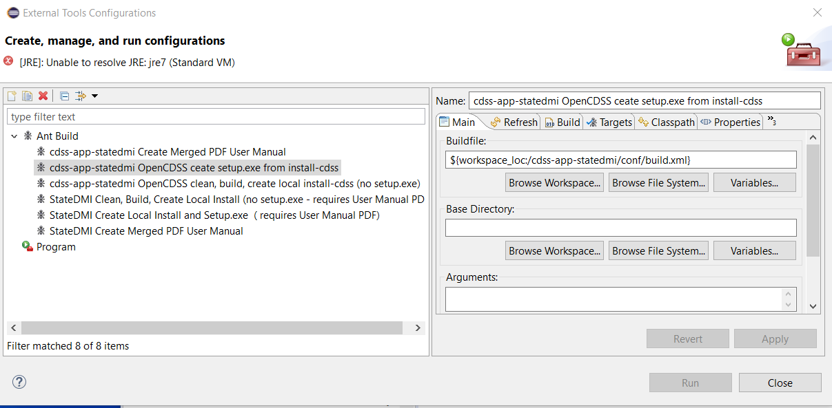 eclipse external configuration window