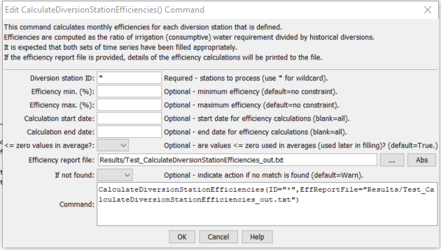 CalculateDiversionStationEfficiencies Command Editor