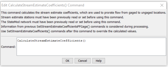 CalculateStreamEstimateCoefficients Command Editor