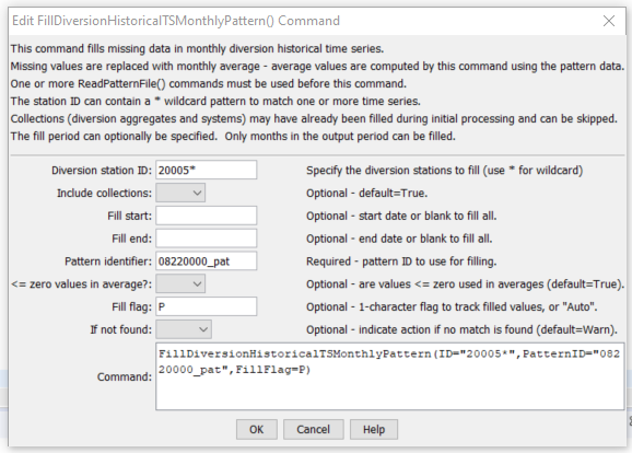 FillDiversionHistoricalTSMonthlyPattern command editor