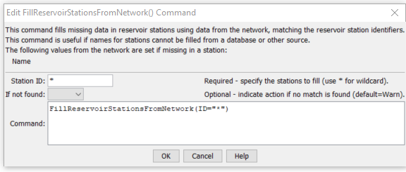 FillReservoirStationsFromNetwork command editor