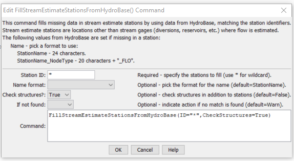 FillStreamEstimateStationsFromHydroBase command editor