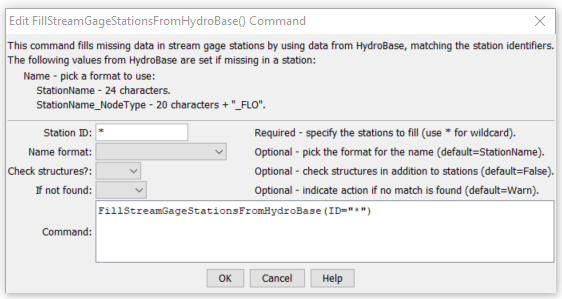 FillStreamGageStationsFromHydroBase command editor