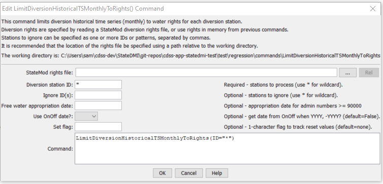 LimitDiversionHistoricalTSMonthlyToRights command editor