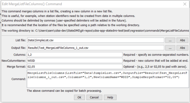 MergeListFileColumns command editor