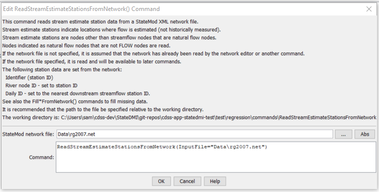 ReadStreamEstimateStationsFromNetwork command editor