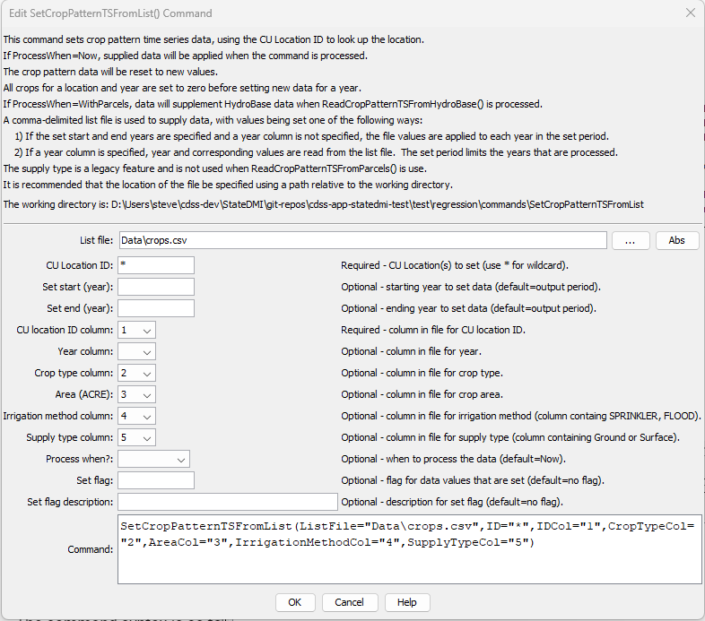 SetCropPatternTSFromList - CDSS / StateDMI