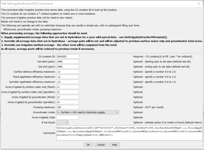 SetIrrigationPracticeTS command editor