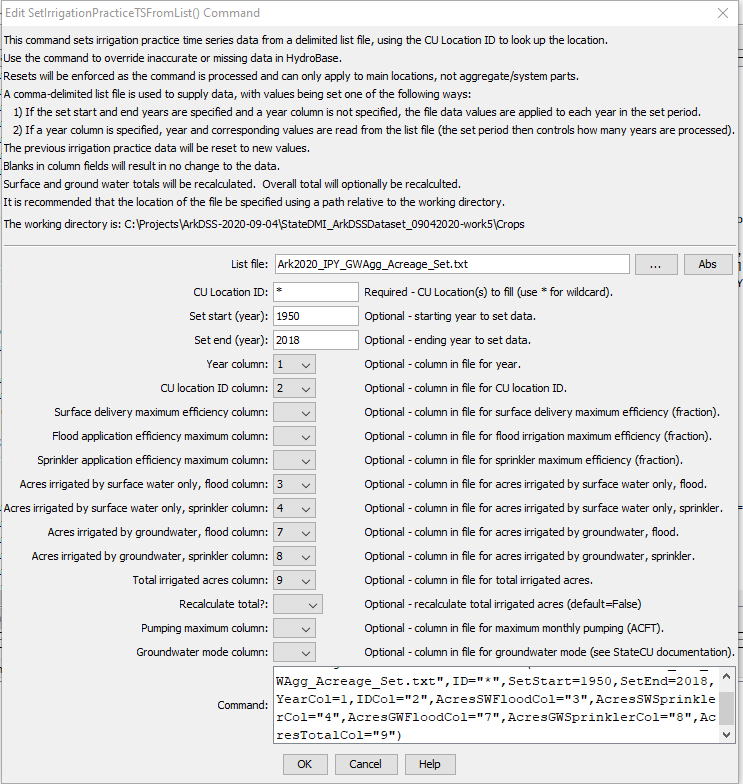 SetIrrigationPracticeTSFromList command editor