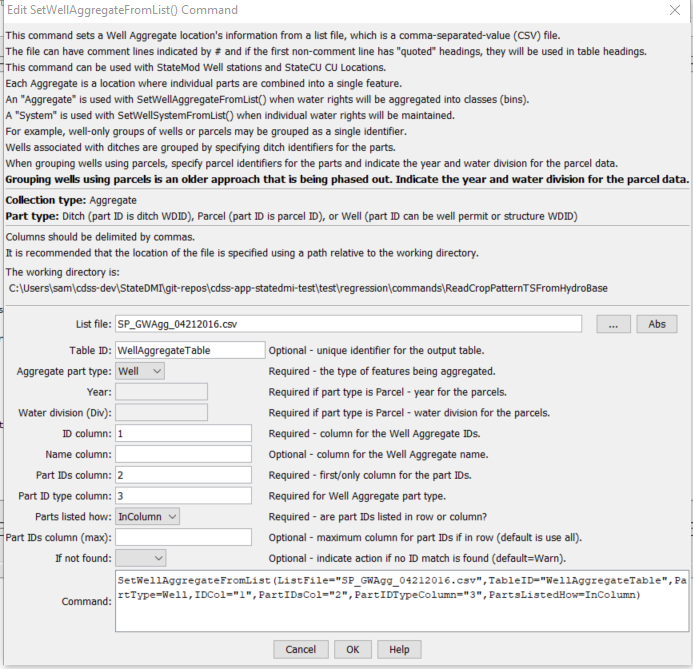 SetWellAggregateFromList command editor