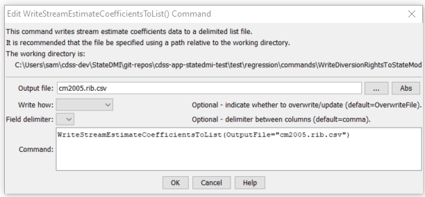 WriteStreamEstimateCoefficientsToList command editor