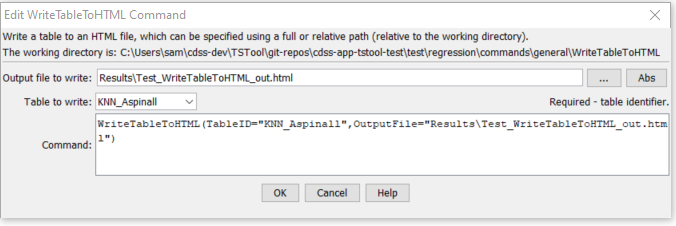 WriteTableToHTML command editor