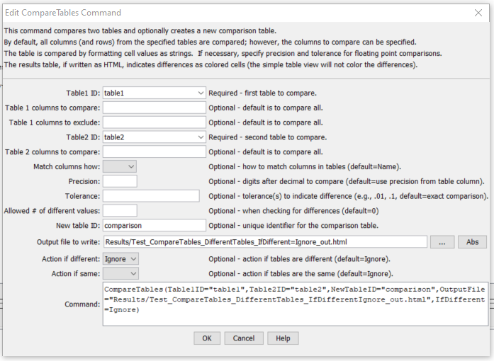 CompareTables Command Editor