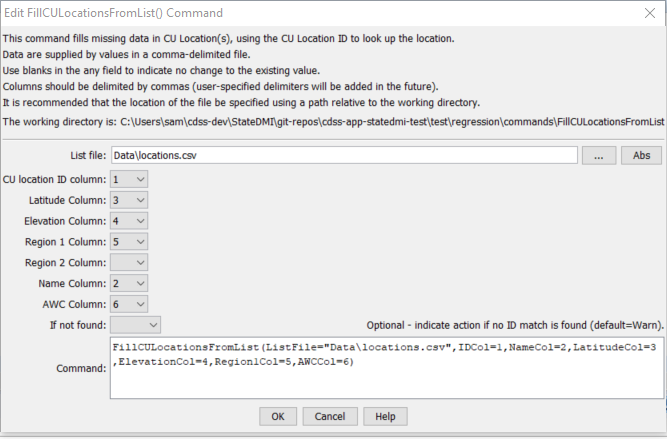 FillCULocationsFromList Command editor