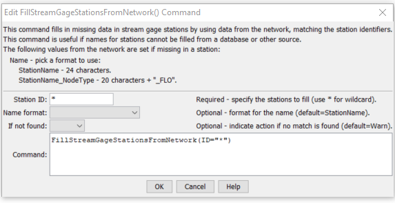 FillStreamGageStationsFromNetwork command editor