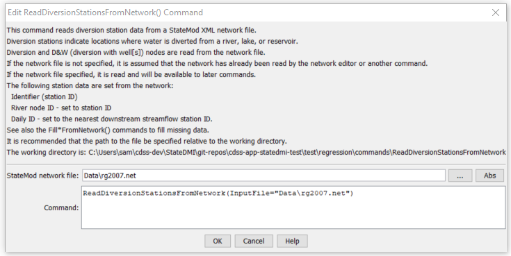 ReadDiversionStationsFromNetwork command editor