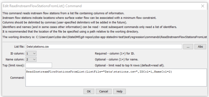 ReadInstreamFlowStationsFromList command editor