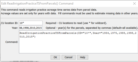 ReadIrrigationPracticeTSFromParcels command editor