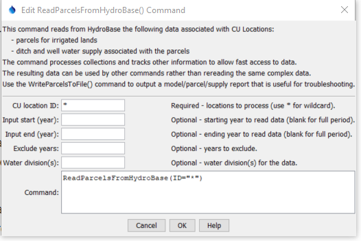 ReadParcelsFromHydroBase command editor