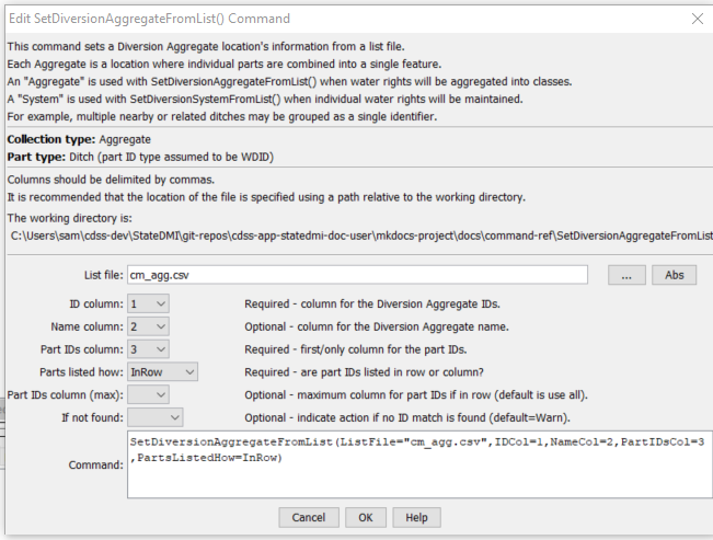 SetDiversionAggregateFromList - CDSS / StateDMI