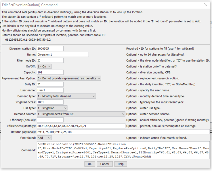 SetDiversionStation - CDSS / StateDMI