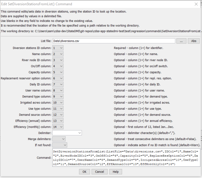 SetDiversionStationsFromList - CDSS / StateDMI