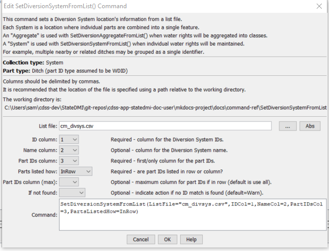 SetDiversionSystemFromList - CDSS / StateDMI