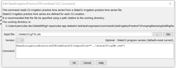 SetIrrigationPracticeTSFromStateCU command editor