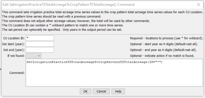 SetIrrigationPracticeTSTotalAcreageToCropPatternTSTotalAcreage command editor