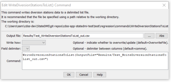 WriteDiversionStationsToList command editor
