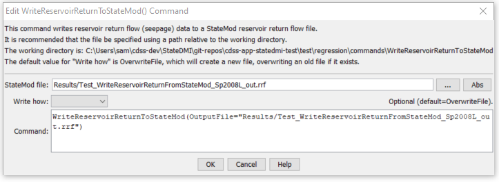 WriteReservoirReturnToStateMod command editor