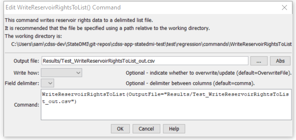 WriteReservoirRightsToList command editor