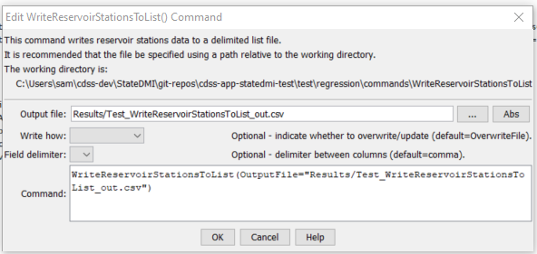WriteReservoirStationsToList command editor