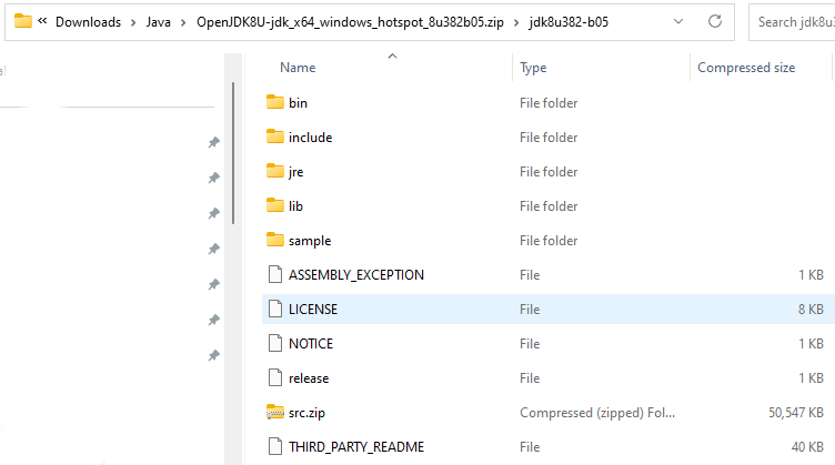 OpenJDK Java 8 zip file contents
