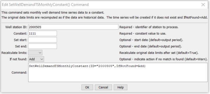 SetWellDemandTSMonthlyConstant command editor