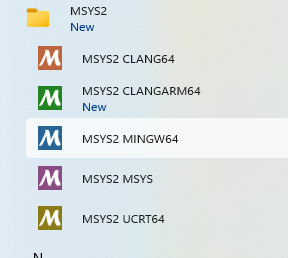 14.2 MSYS2 Start menu options