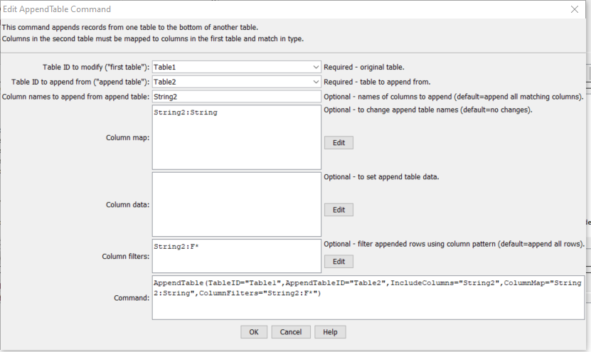 AppendTable command editor