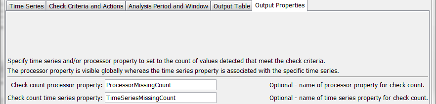 CheckTimeSeries command editor for Output Properties parameters