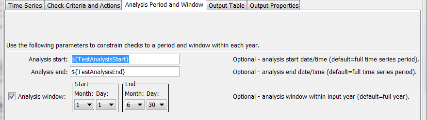 CheckTimeSeries command editor for Analysis Period and Window parameters