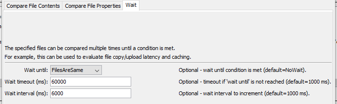 CompareFiles command editor for Wait Parameters