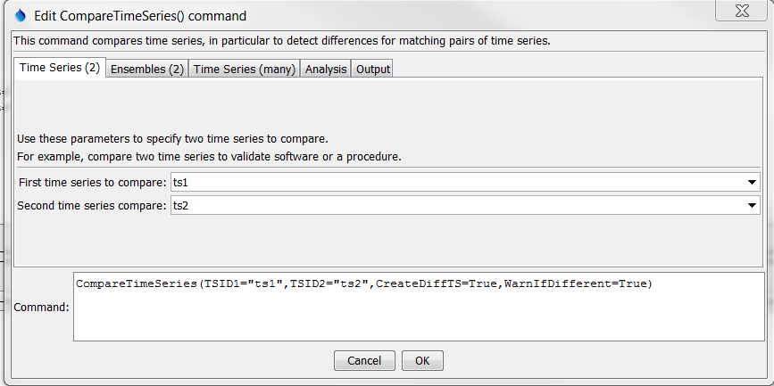 CompareTimeSeries command editor to compare two time series