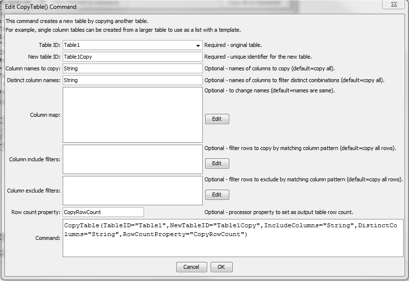 CopyTable command editor
