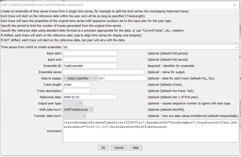 CreateEnsembleFromOneTimeSeries command editor