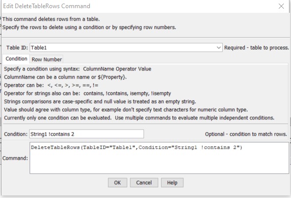 DeleteTableRows command editor for Condition parameter