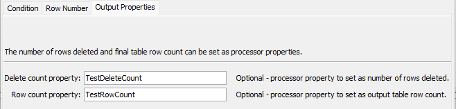 DeleteTableRows command editor for Output Properties parameters